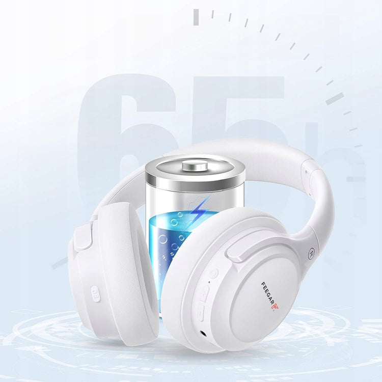 Belaidės ant ausų ausinės „Feegar Mello“, iki 65 val., Bluetooth 5.3, 6 EQ režimai, baltos