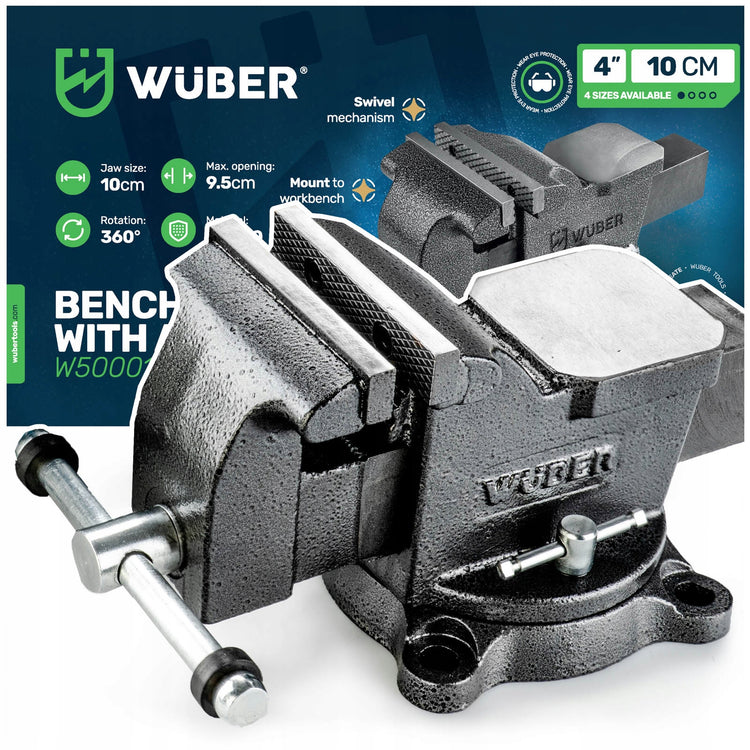 Ketaus šaltkalvio spaustuvas su priekalu „Wuber“, besisukantis 360°, 100 mm