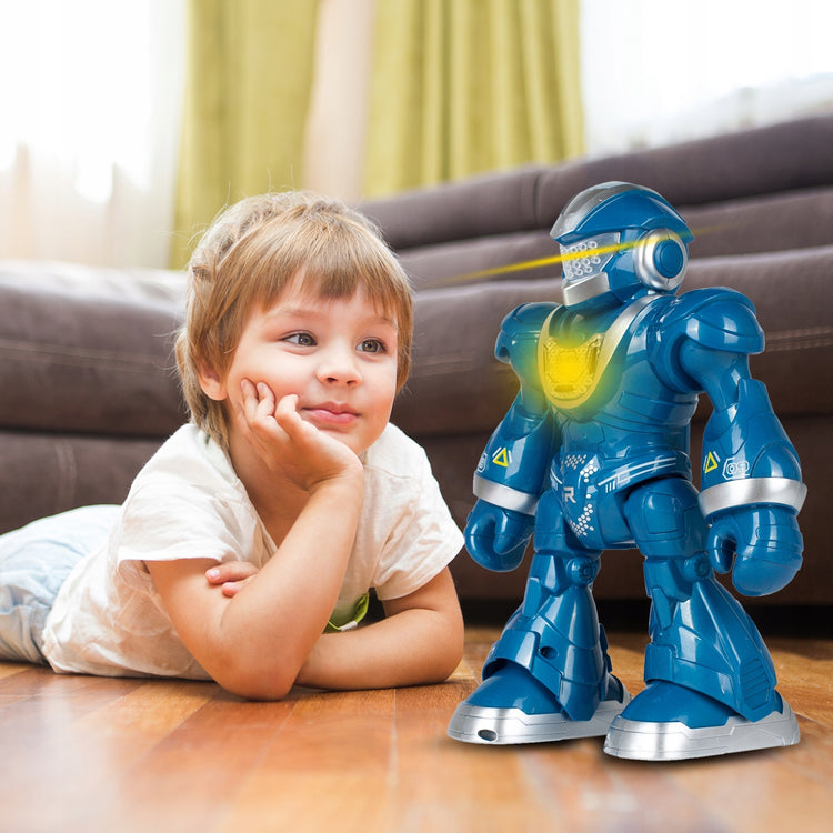 Nuotoliniu būdu valdomas šokantis ir dainuojantis robotas, mėlynas