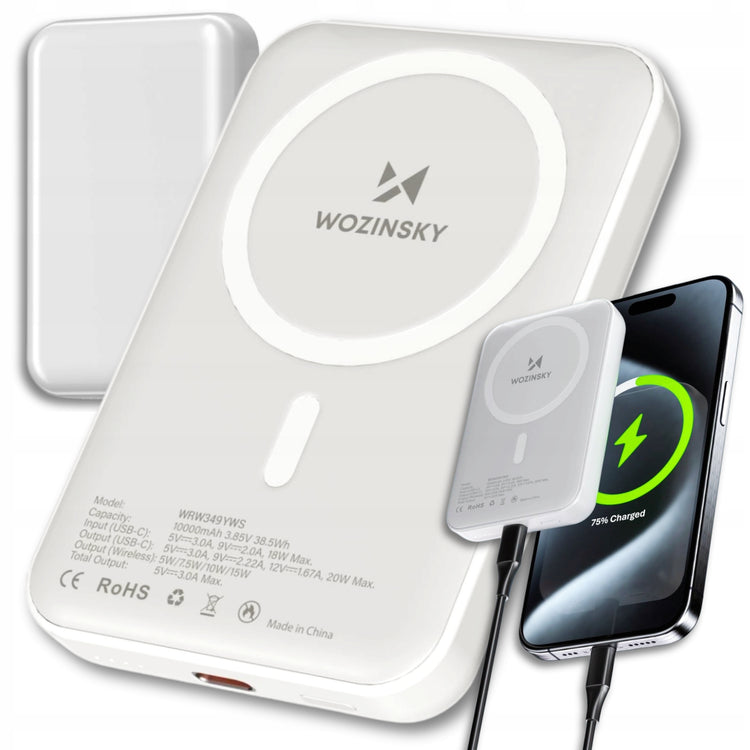 Magnetinis belaidis išorinis akumuliatorius „Wozinsky“ Qi / MagSafe, 10000 mAh, baltas