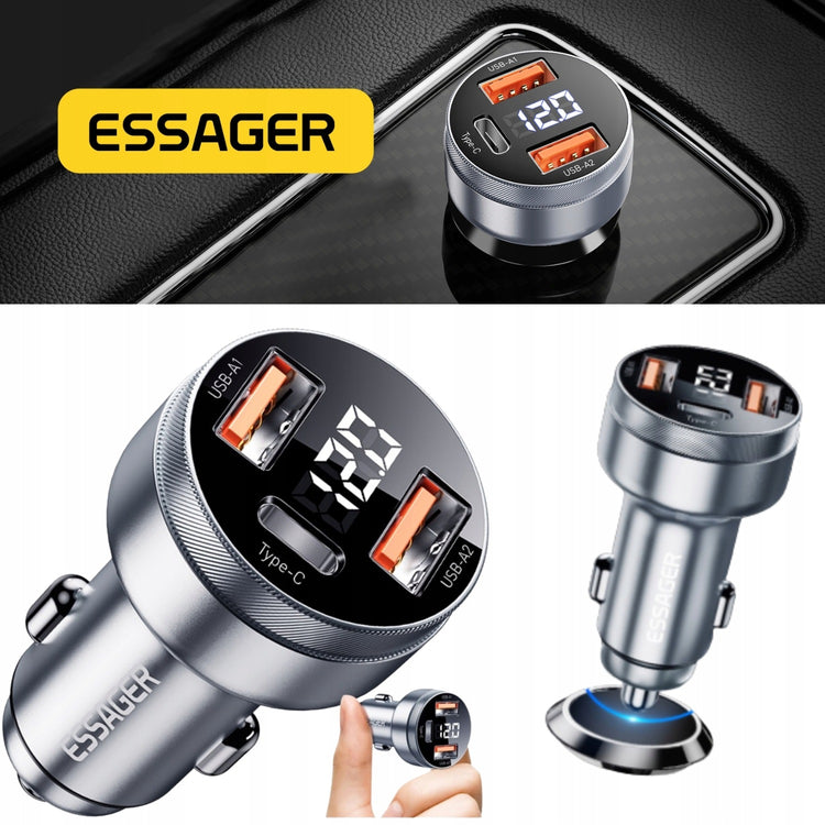Automobilinis kroviklis „Essager“ 80 W su ekranu: 2× USB-A + USB-C, PD