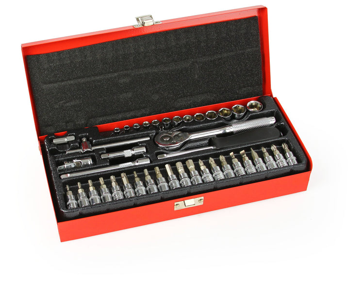 Galvučių ir antgalių rinkinys 1/4“ su terkšliu, 42 dalys, 4–14 mm