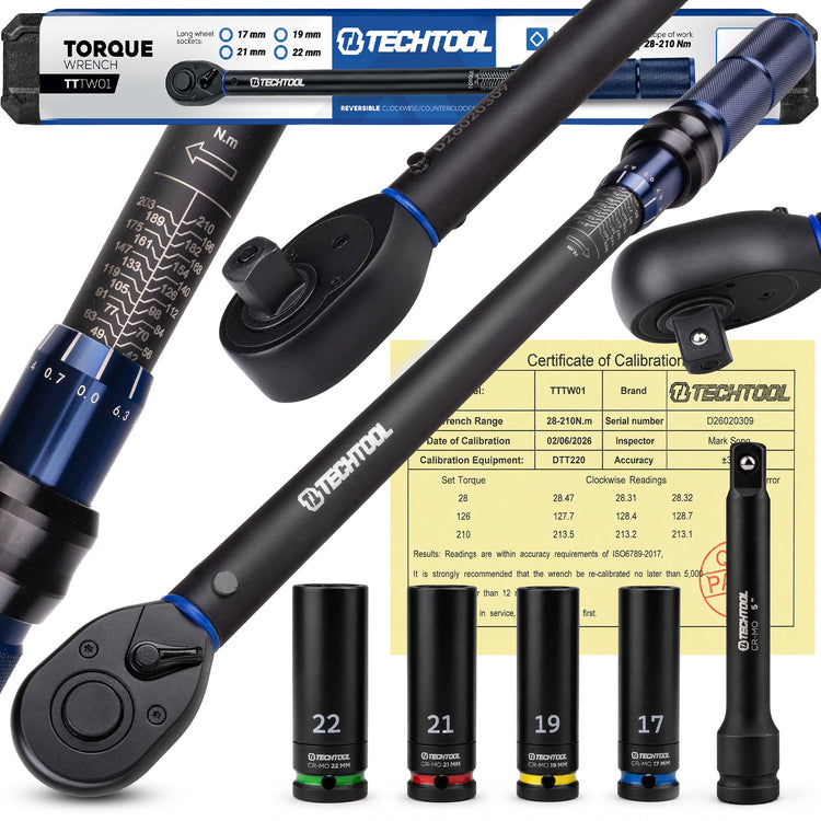Dvikryptis dinamometrinis raktas ratams „Techtool“ 1/2" 28–210 Nm, 72T
