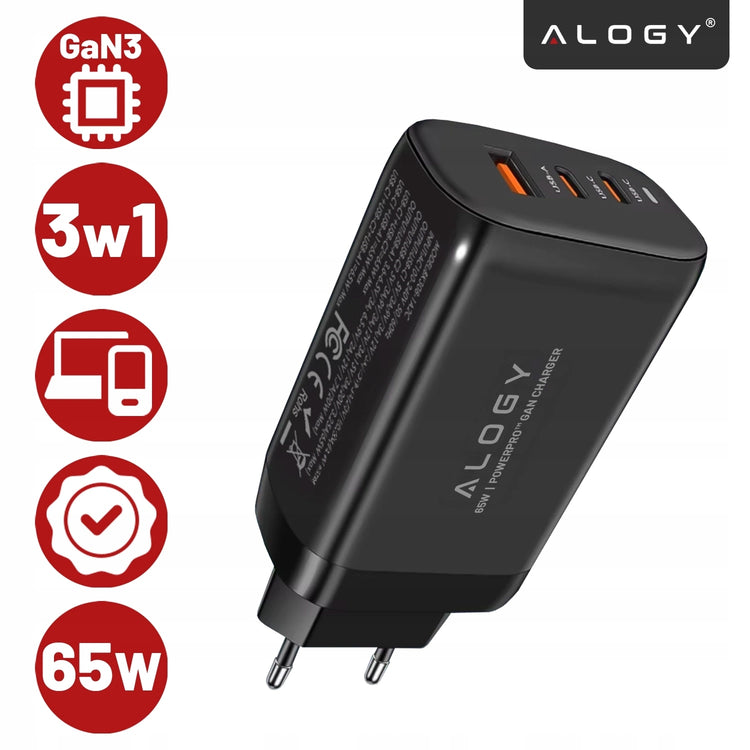 Greitasis įkroviklis „Alogy“ 65 W su 2 USB-C ir USB-A, PD / QC