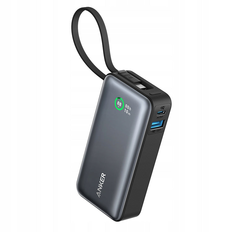 Išorinis akumuliatorius su integruotu USB-C laidu ir ekranu „Anker“ 10000 mAh, pilkas