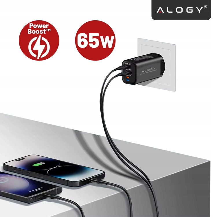 Greitasis įkroviklis „Alogy“ 65 W su 2 USB-C ir USB-A, PD / QC