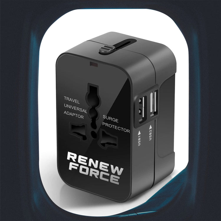 Kelioninis adapteris „Renew Force“ su 2 USB lizdais, EU / UK / US / AUS