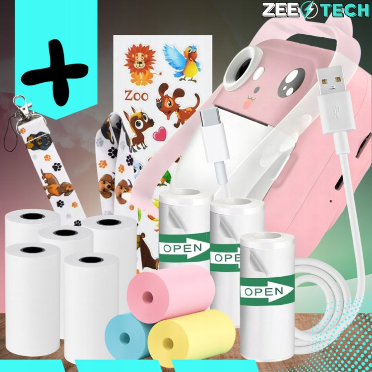 Vaikiškas momentinių nuotraukų fotoaparatas „ZeeTech Print“ su spausdintuvu, rožinis