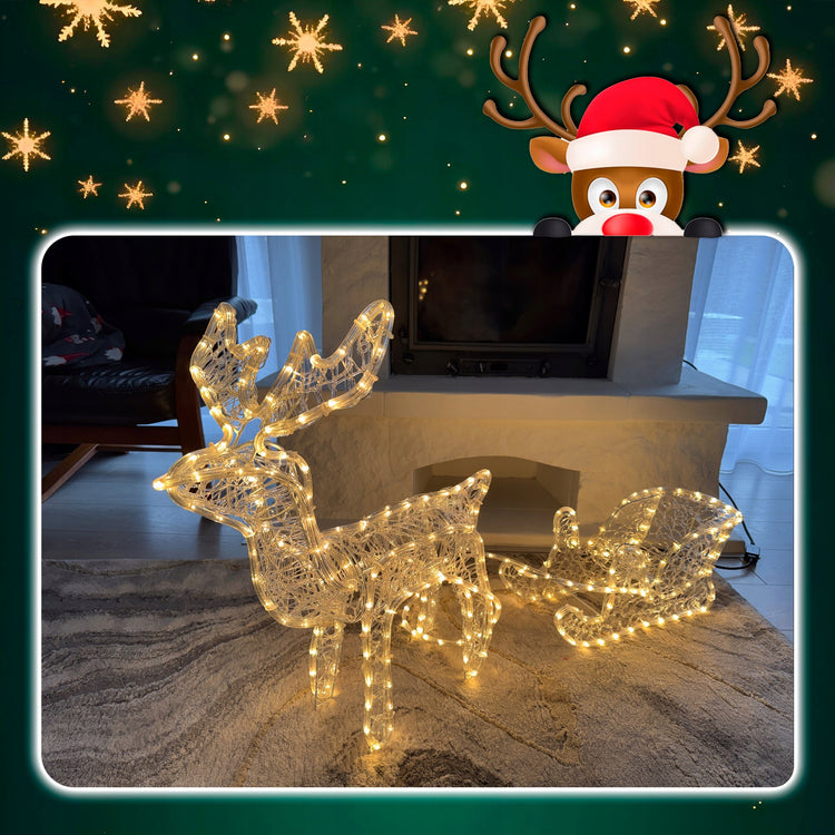 Šviečianti LED šiaurės elnio su rogutėmis figūra, 120 cm, 264 LED