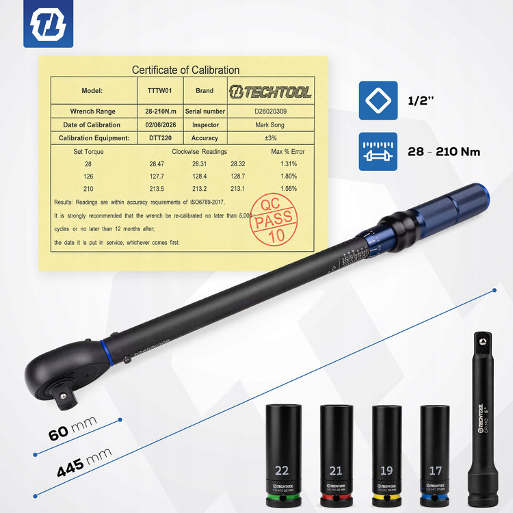 Dvikryptis dinamometrinis raktas ratams „Techtool“ 1/2" 28–210 Nm, 72T