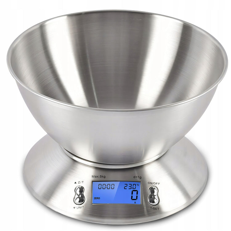 Elektroninės virtuvinės svarstyklės su dubeniu 1,8 l, laikmačiu ir termometru, 5 kg / 1 g