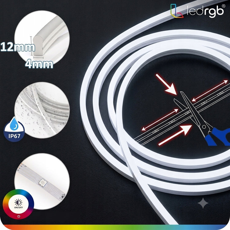 RGB LED neoninė juosta 5 m su Wi-Fi (Tuya), pultu ir maitinimo šaltiniu, IP67