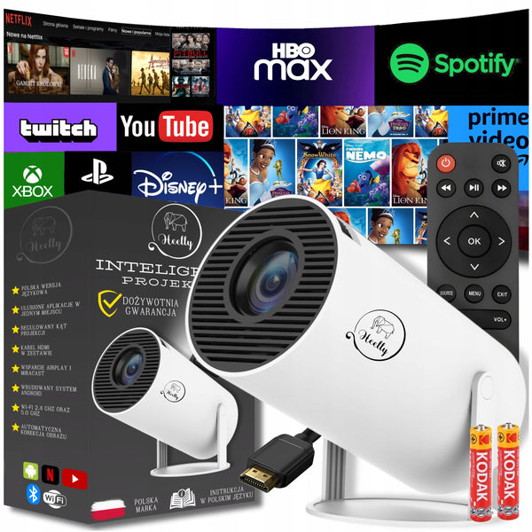 Nešiojamas projektorius „Heelly“ su „Android TV“ ir Wi-Fi, pasukamas, baltas