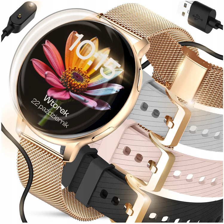 Moteriškas išmanusis laikrodis „WonderWatch WonderFit sX5“ su pokalbiais ir 4 keičiamomis apyrankėmis, auksinis