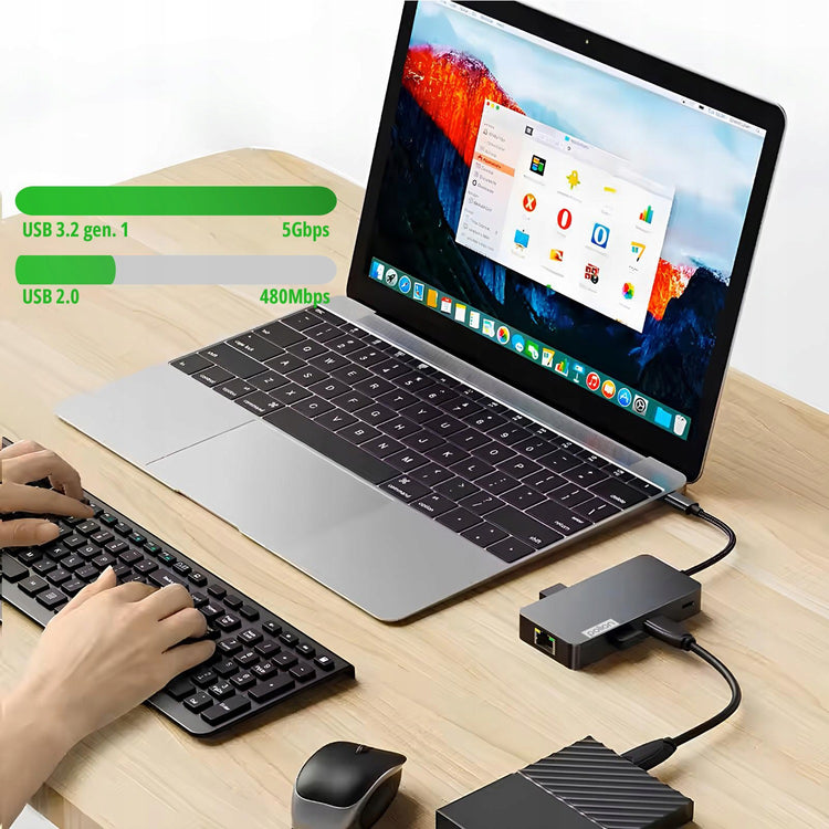 USB-C šakotuvas „POLION PLNA028“ 6 in 1: USB 3.2, PD 100 W, HDMI 4K, LAN 1 Gb