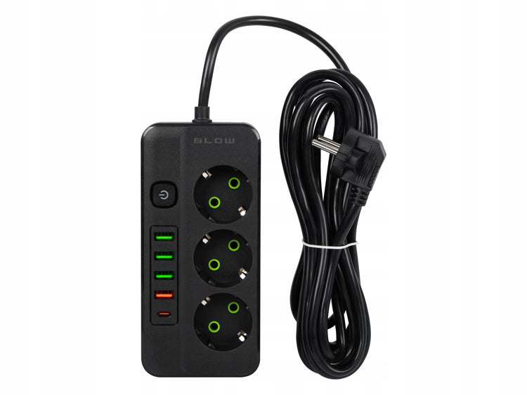 Ilgintuvas „Blow“ su jungikliu, 3 lizdai, 4× USB, 3 m, juodas