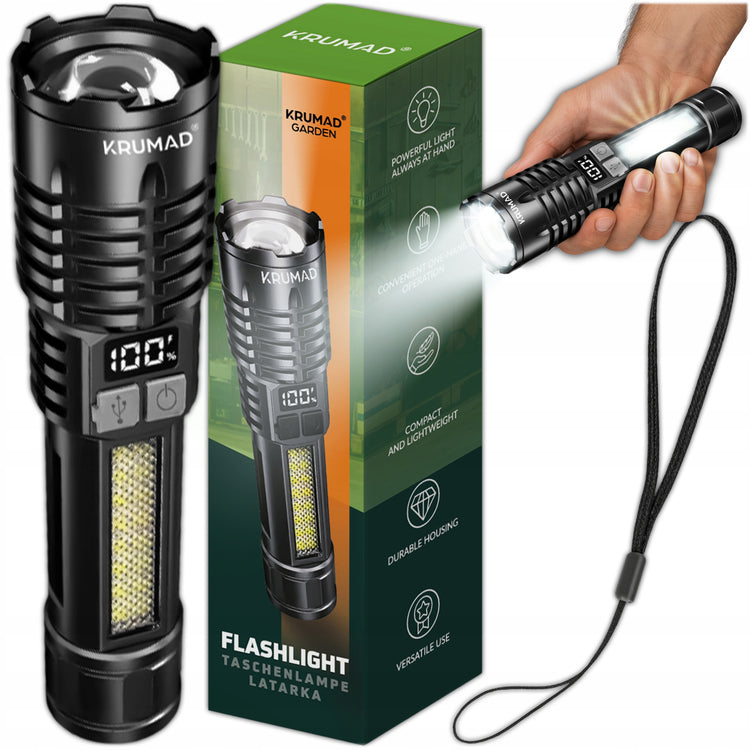 Akumuliatorinis LED žibintuvėlis „Krumad“ su LCD baterijos ekranu, USB-C