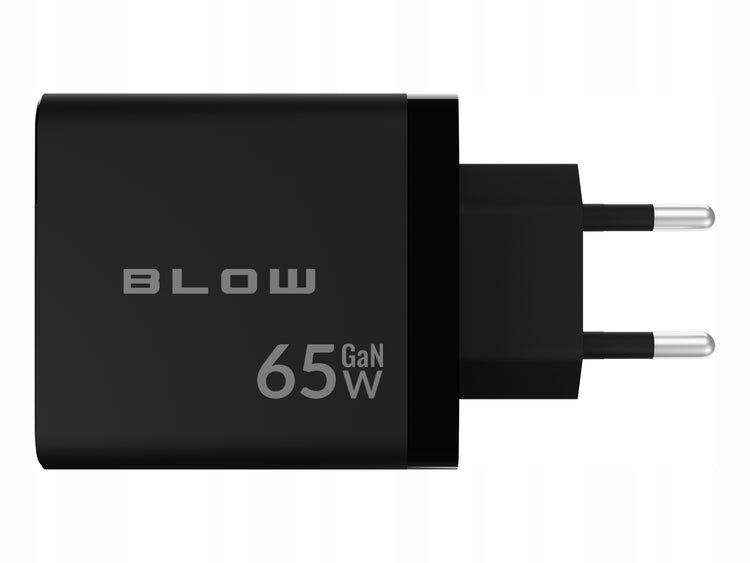 GaN tinklo įkroviklis „Blow“ 65 W su vatmetru, USB-A + 2 × USB-C, juodas