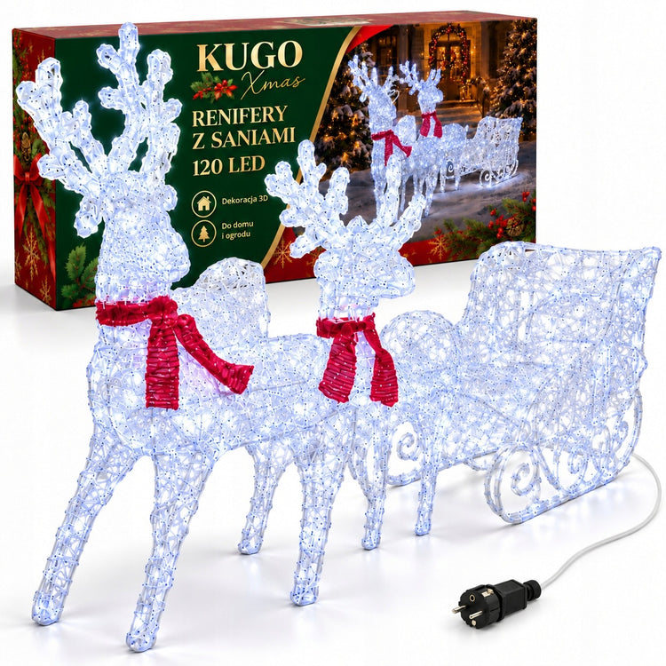 3D LED šiaurės elniai su rogėmis, šviečianti lauko kalėdinė dekoracija