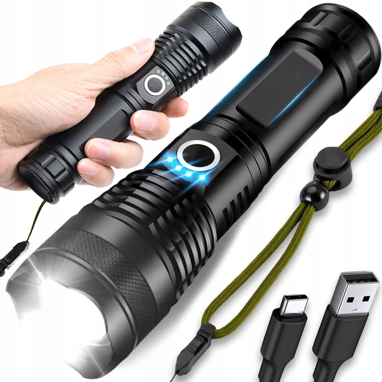 Akumuliatorinis taktinis LED žibintuvėlis „Retoo“, 1000 lm, 5 režimai, USB-C