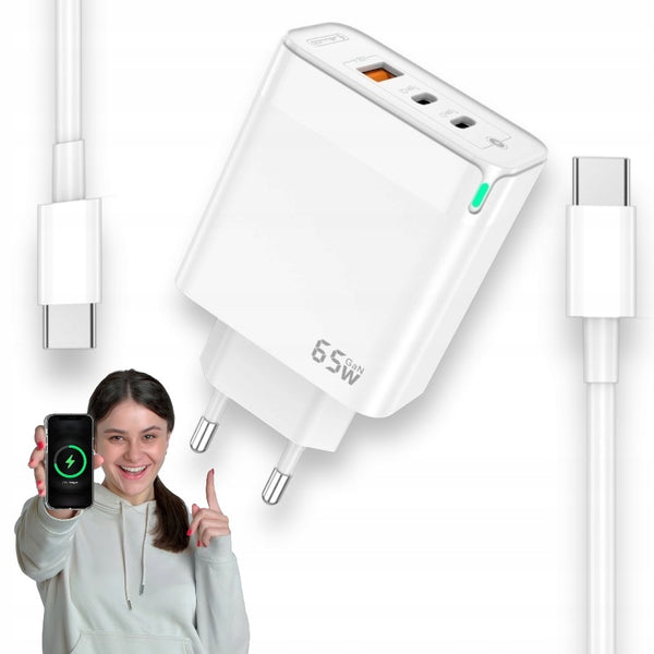 Greitasis GaN įkroviklis 65 W su 2 USB-C ir USB-A bei USB-C laidu