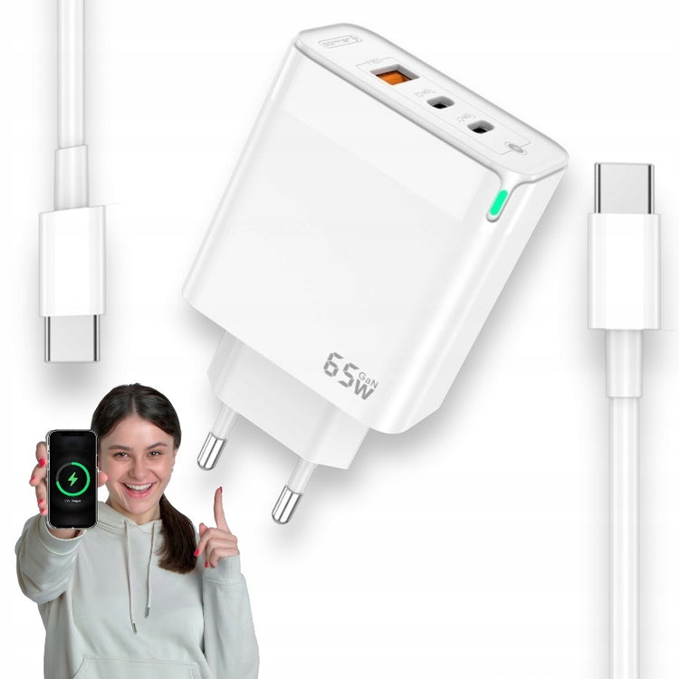 Greitasis GaN įkroviklis 65 W su 2 USB-C ir USB-A bei USB-C laidu