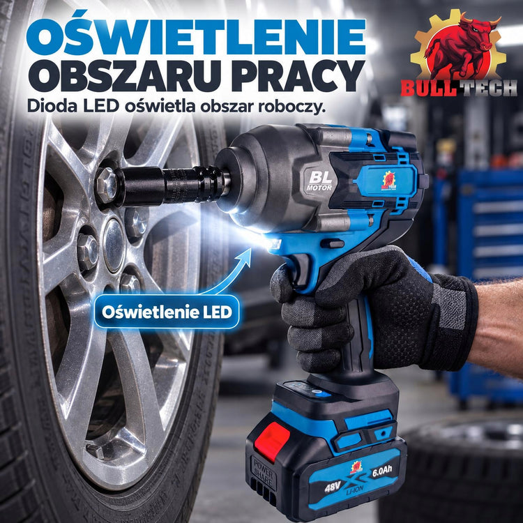Akumuliatorinis smūginis veržliasukis „Bull Tech BT5013“, 1200 Nm, bešepetėlinis, 2 × 6 Ah