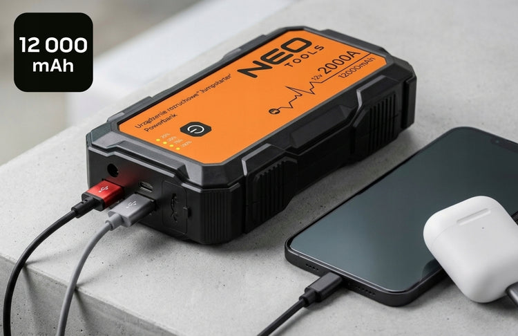 Automobilio užvedimo įrenginys su išorine baterija „Neo Tools 11-619“, 12000 mAh, 12 V, su LED