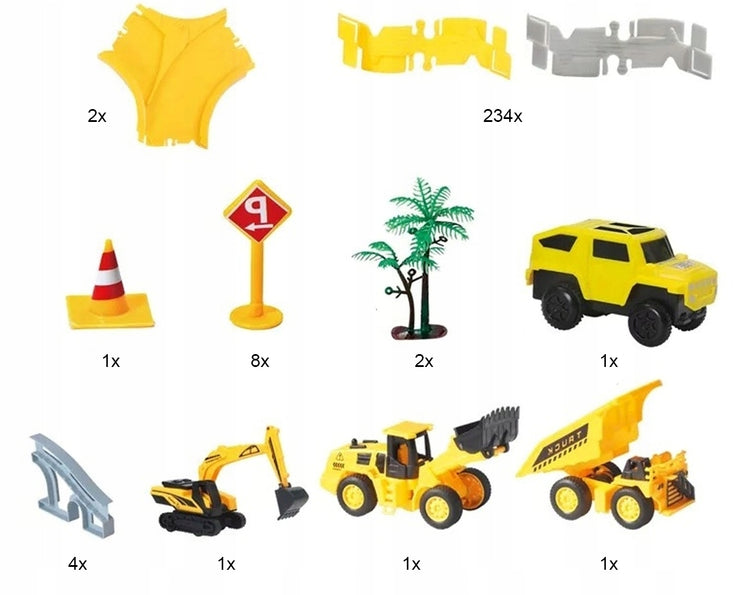 Lanksti automobilių trasa su statybine technika ir LED, 255 elementai