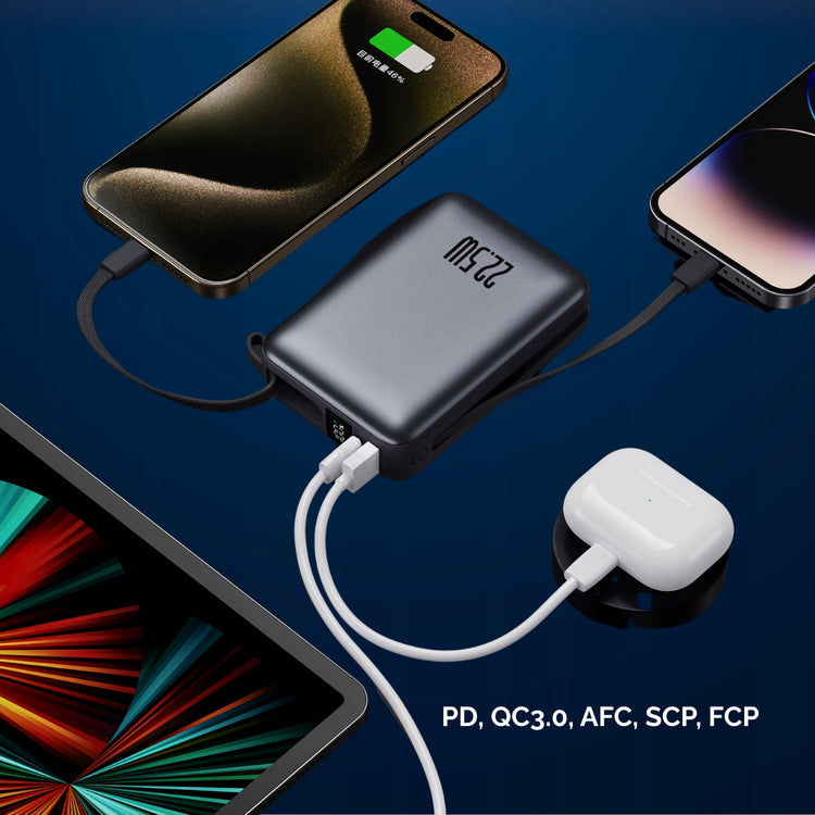 Išorinė baterija „Boste“ 20000 mAh, 22,5 W, su įmontuotais USB-C ir Lightning laidais