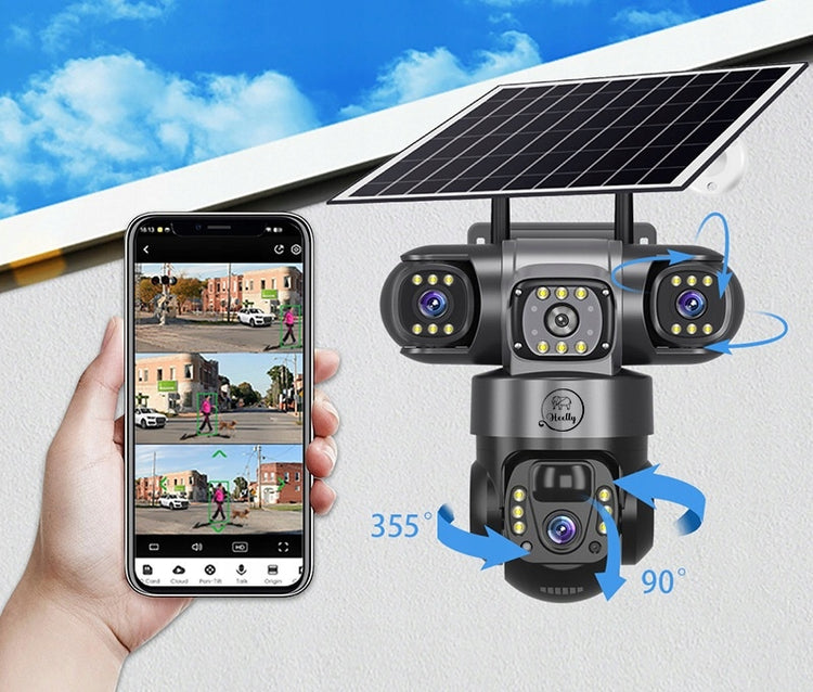 Saulės energija maitinama 4G lauko kamera „Heelly“ su 3 objektyvais, 3×3 MP
