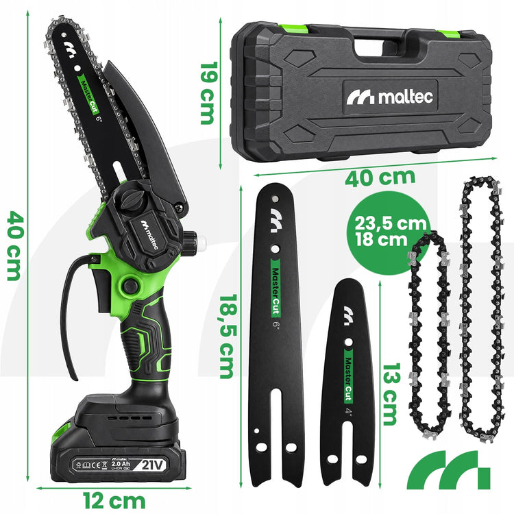 Akumuliatorinis grandininis pjūklas šakoms „Maltec“, 800 W, 2 × 21 V, 4" ir 6" juostos – nuotrauka 4