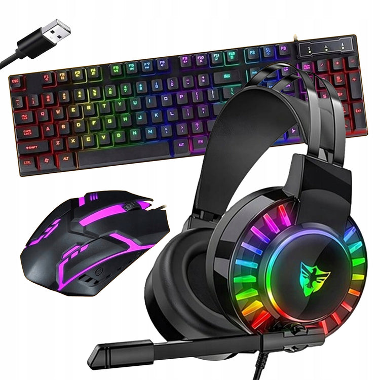 Žaidimų rinkinys „Lewer“: mechaninė klaviatūra, pelė ir ausinės, RGB