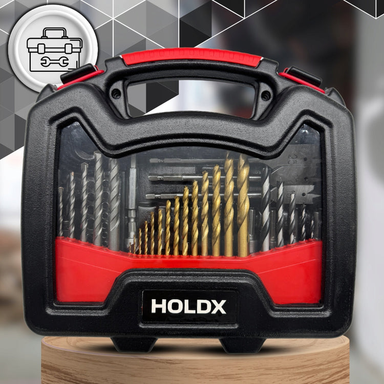 Grąžtų ir antgalių rinkinys „HOLDX“, 101 dalis, metalui, medienai ir betonui