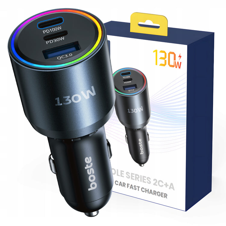 Automobilinis kroviklis „Boste“ 130 W: 3 jungtys USB-A / USB-C, QC, PD