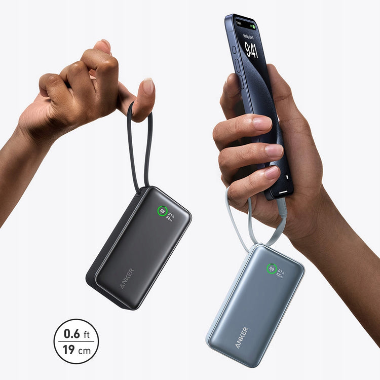 Išorinis akumuliatorius su integruotu USB-C laidu ir ekranu „Anker“ 10000 mAh, pilkas