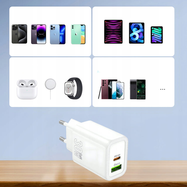GaN tinklo įkroviklis „Matnox“ 30 W, USB + USB-C, PD 3.0, QC 3.0