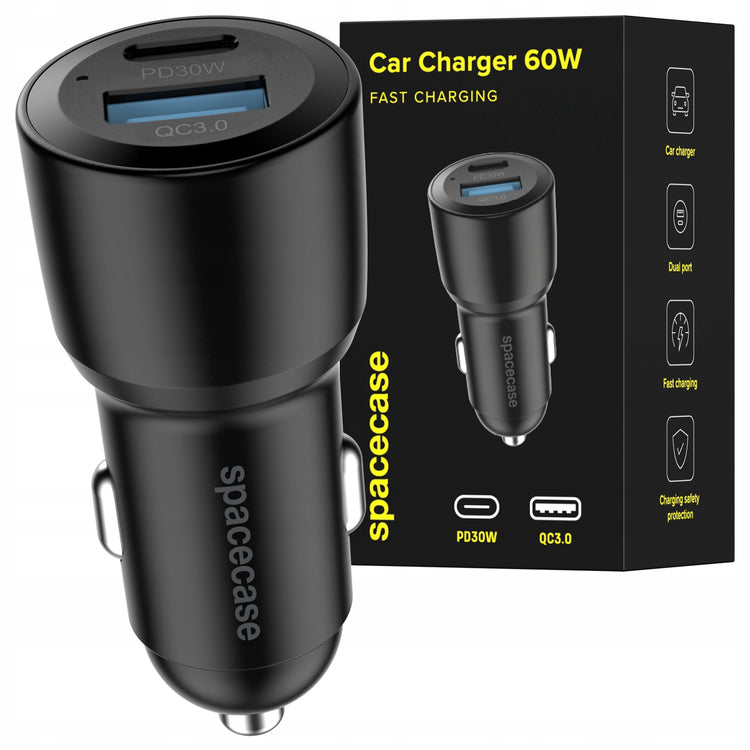 Automobilinis kroviklis „Spacecase“ 60 W: USB-A + USB-C, PD, QC 3.0, 12/24 V