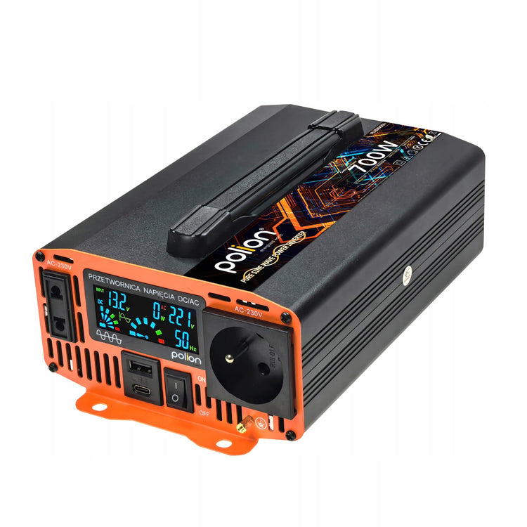 Automobilinis įtampos keitiklis „Polion“ 12 V / 230 V, 700 W, gryna sinusinė banga