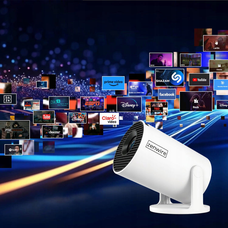 Mini projektorius „Zenwire“ su „Android TV“ ir Wi-Fi 6, pasukamas 360°