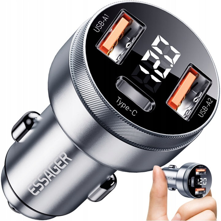 Automobilinis kroviklis „Essager“ 80 W su ekranu: 2× USB-A + USB-C, PD