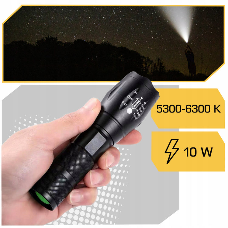 Akumuliatorinis taktinis LED žibintuvėlis XML-T6 su ZOOM, iki 1800 lm