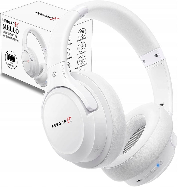 Belaidės ant ausų ausinės „Feegar Mello“, iki 65 val., Bluetooth 5.3, 6 EQ režimai, baltos