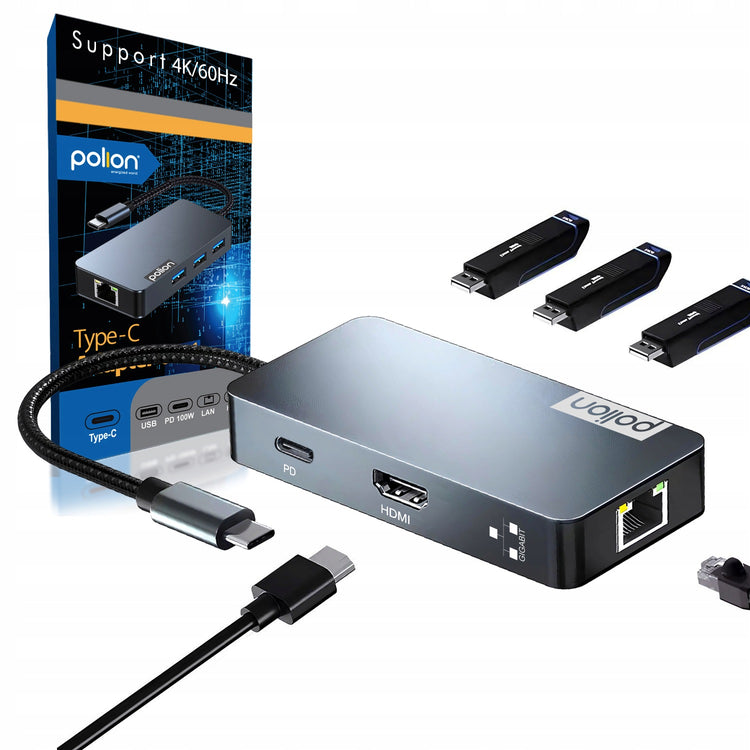 USB-C šakotuvas „POLION PLNA028“ 6 in 1: USB 3.2, PD 100 W, HDMI 4K, LAN 1 Gb