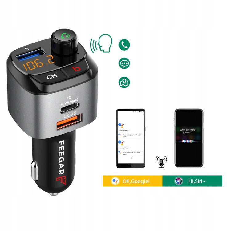 Bluetooth FM siųstuvas su greituoju krovikliu „Feegar Q100 Pro“ QC 3.0 + PD