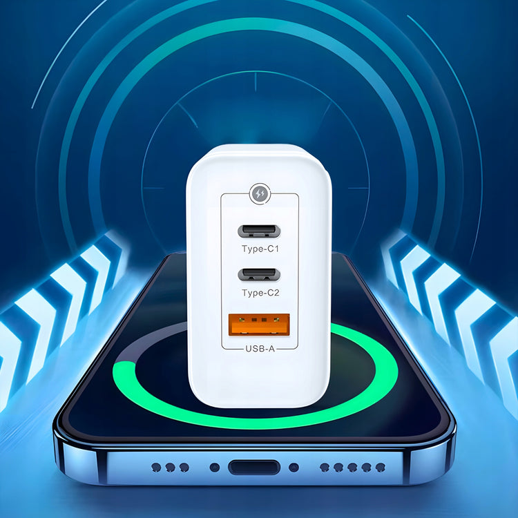 Greitasis GaN įkroviklis 65 W su 2 USB-C ir USB-A bei USB-C laidu