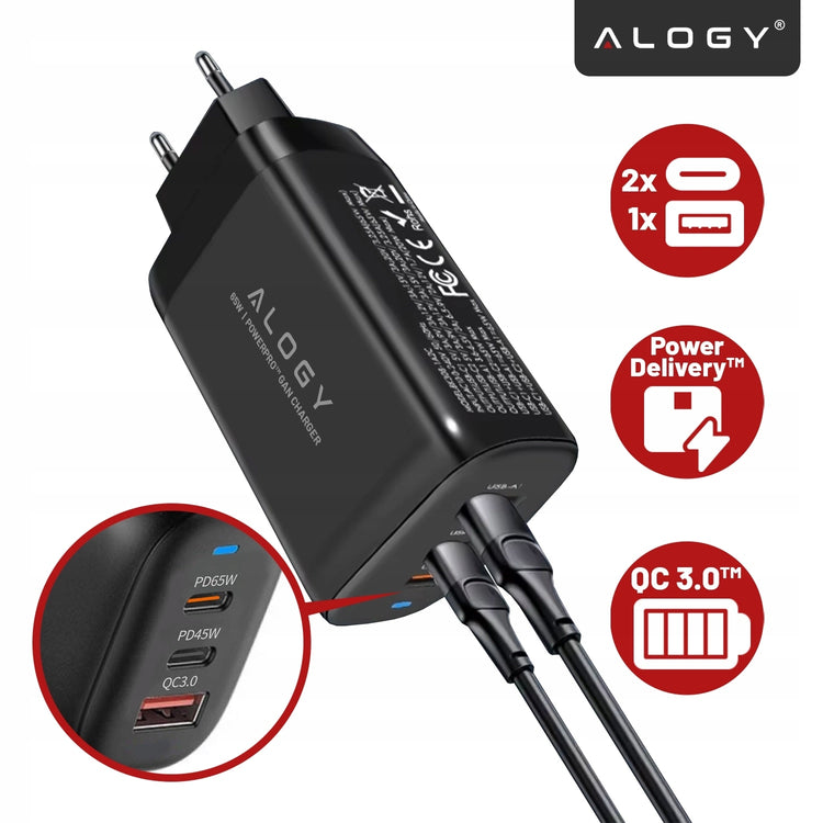 Greitasis įkroviklis „Alogy“ 65 W su 2 USB-C ir USB-A, PD / QC