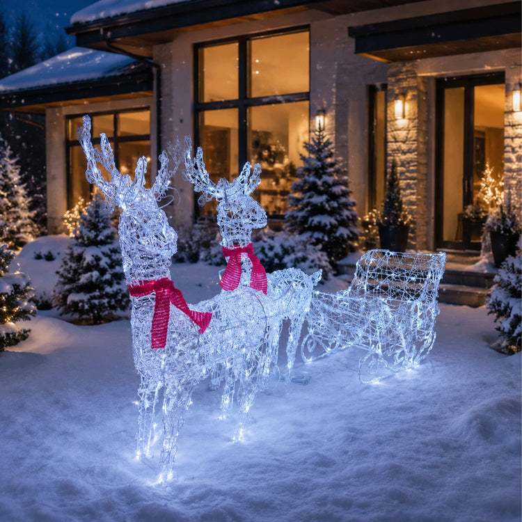 3D LED šiaurės elniai su rogėmis, šviečianti lauko kalėdinė dekoracija
