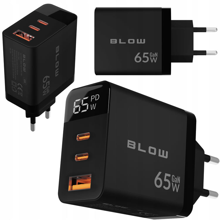 GaN tinklo įkroviklis „Blow“ 65 W su vatmetru, USB-A + 2 × USB-C, juodas