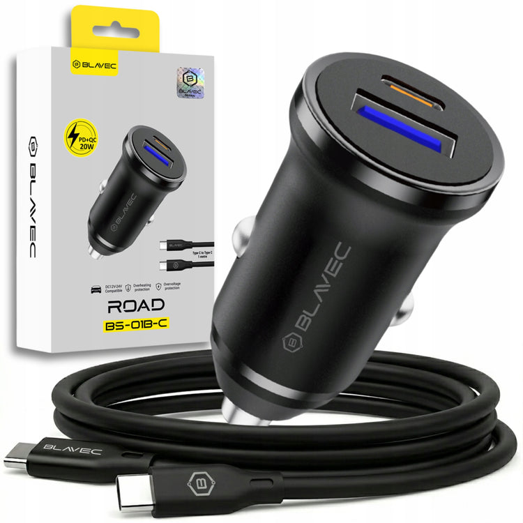 Automobilinis įkroviklis „Blavec BS-01B-C“, USB-C PD 20 W + USB QC 3.0, su USB-C laidu
